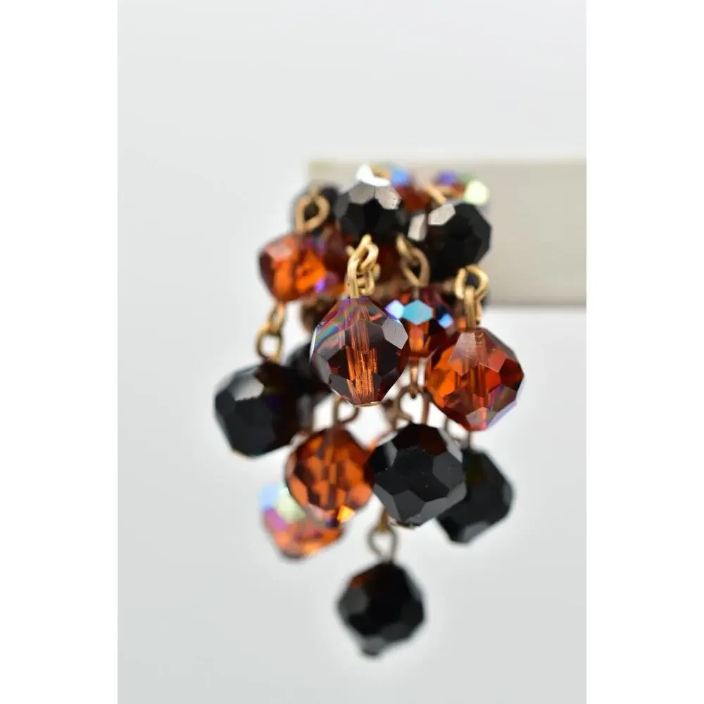 Laguna Vintage Clip On Crystal Earrings Chandelier Black Orange Signed 1950s A24